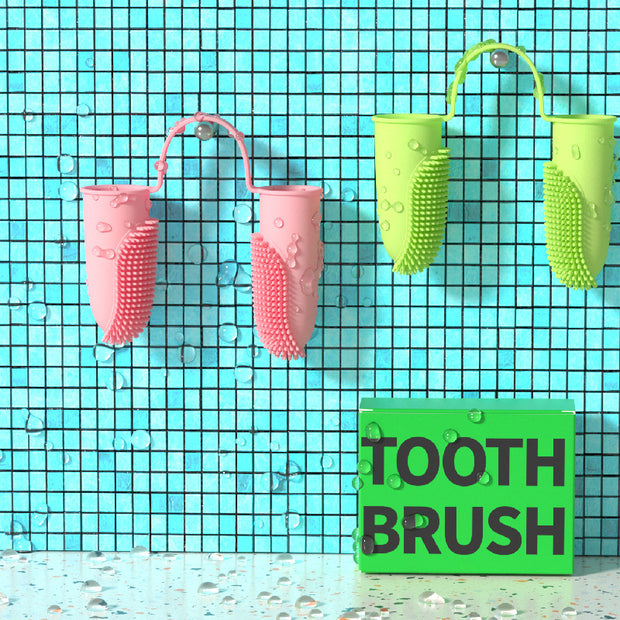 Pet Products Tooth Cleaning Finger Set in pink and green colors on a tiled wall with a 'TOOTH BRUSH' sign.